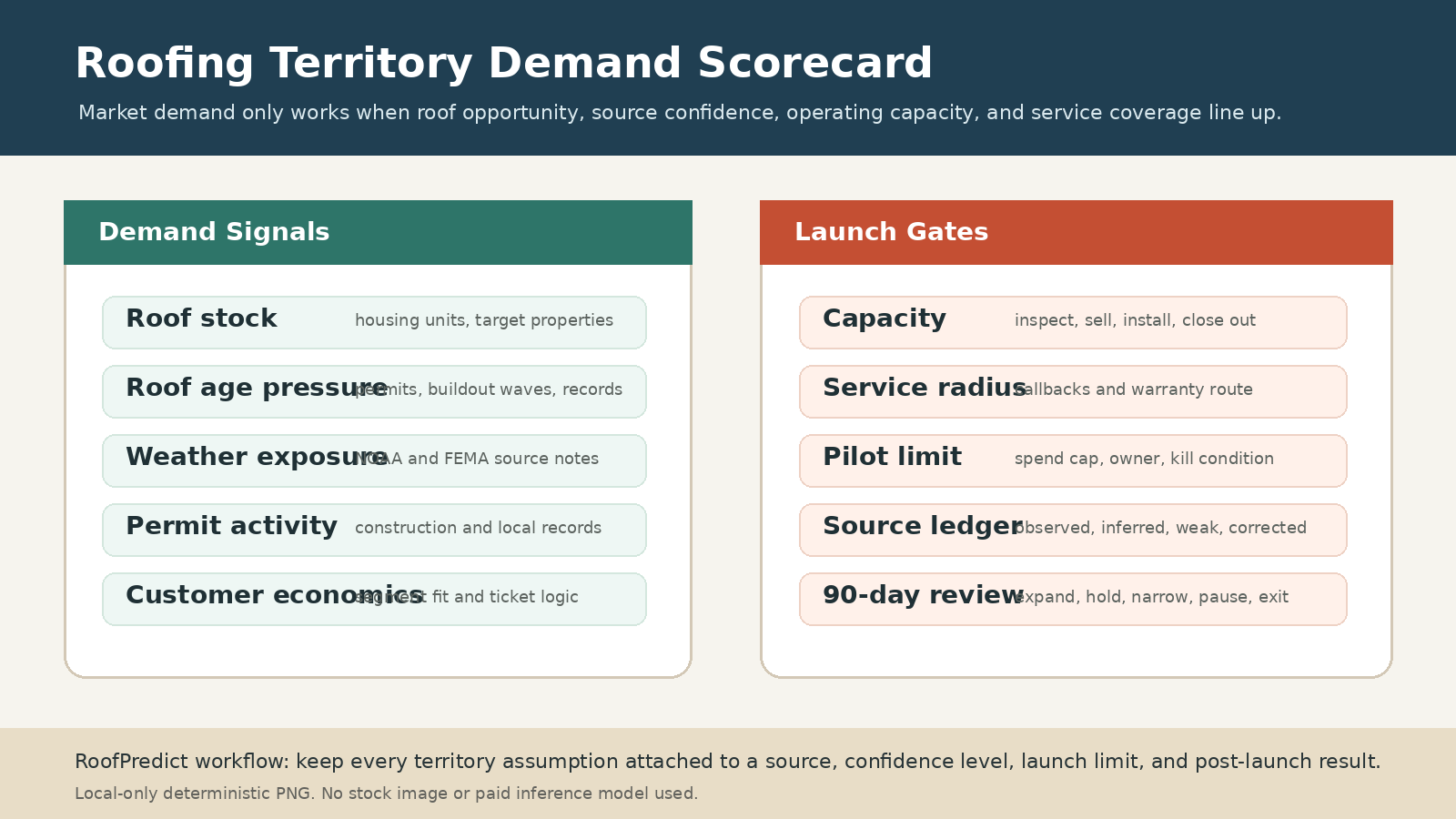 Roofing territory demand scorecard with demand signals, launch gates, source ledger, pilot limit, service radius, and 90-day review